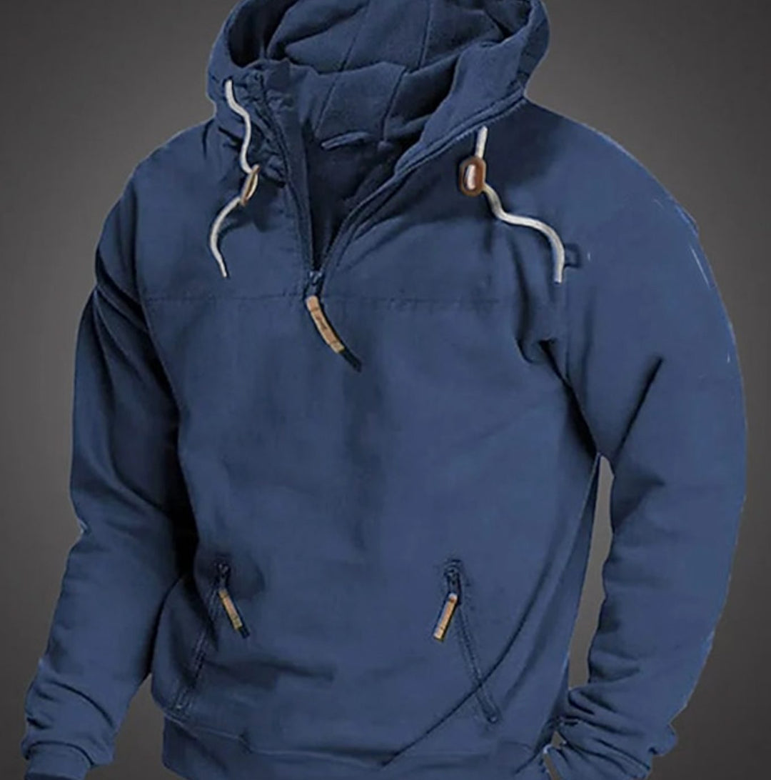 Men's Half-Zip Drawstring Hooded Long Sleeve Hoodie - Blue