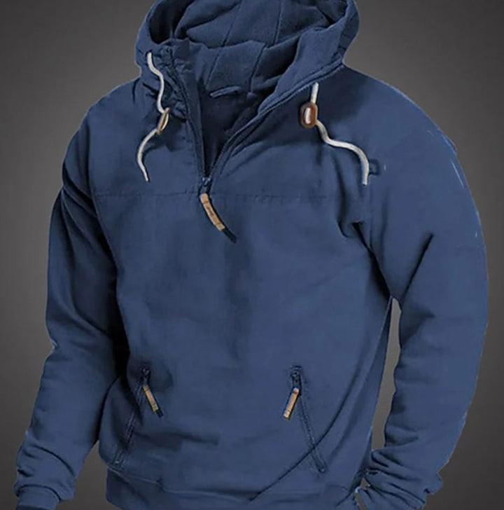 Men's Half-Zip Drawstring Hooded Long Sleeve Hoodie - Blue