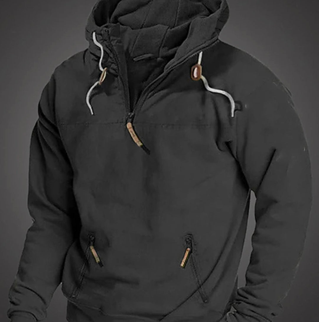 Men's Half-Zip Drawstring Hooded Long Sleeve Hoodie - Black