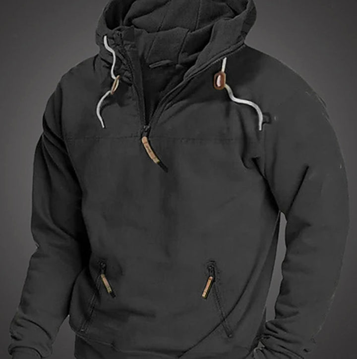 Men's Half-Zip Drawstring Hooded Long Sleeve Hoodie - Black