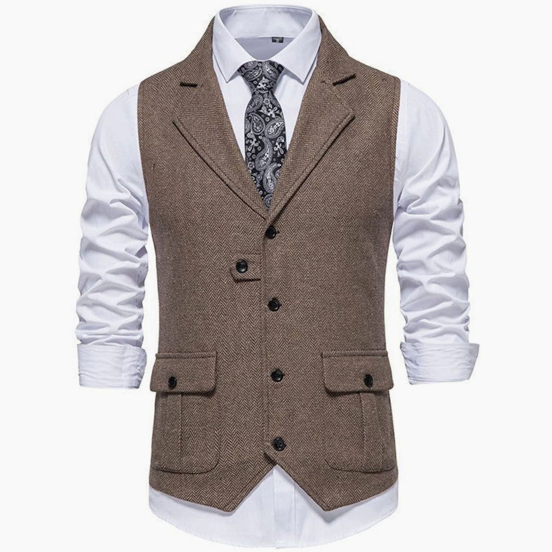 Men's Herringbone Tailored Button-Up Smart Casual Outfit Vest - Brown