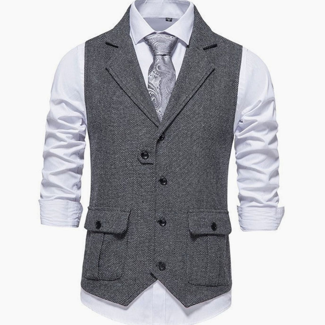 Men's Herringbone Tailored Button-Up Smart Casual Outfit Vest - Dark Grey