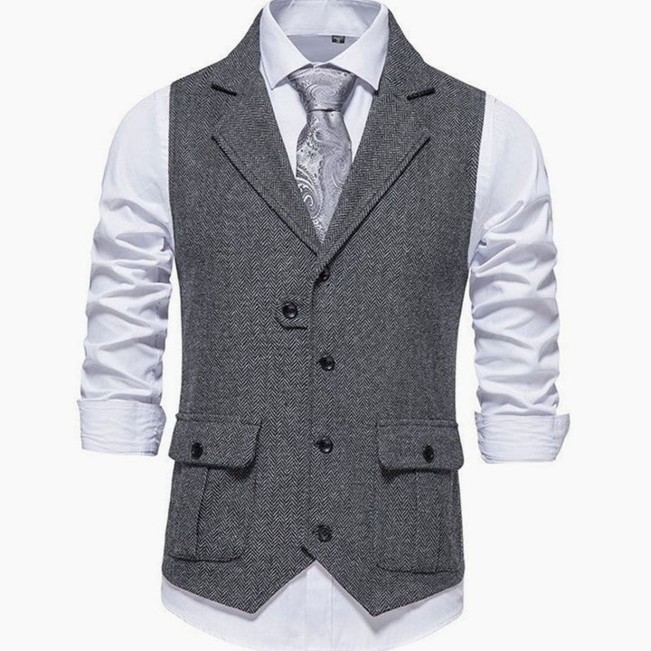 Men's Herringbone Tailored Button-Up Smart Casual Outfit Vest - Dark Grey