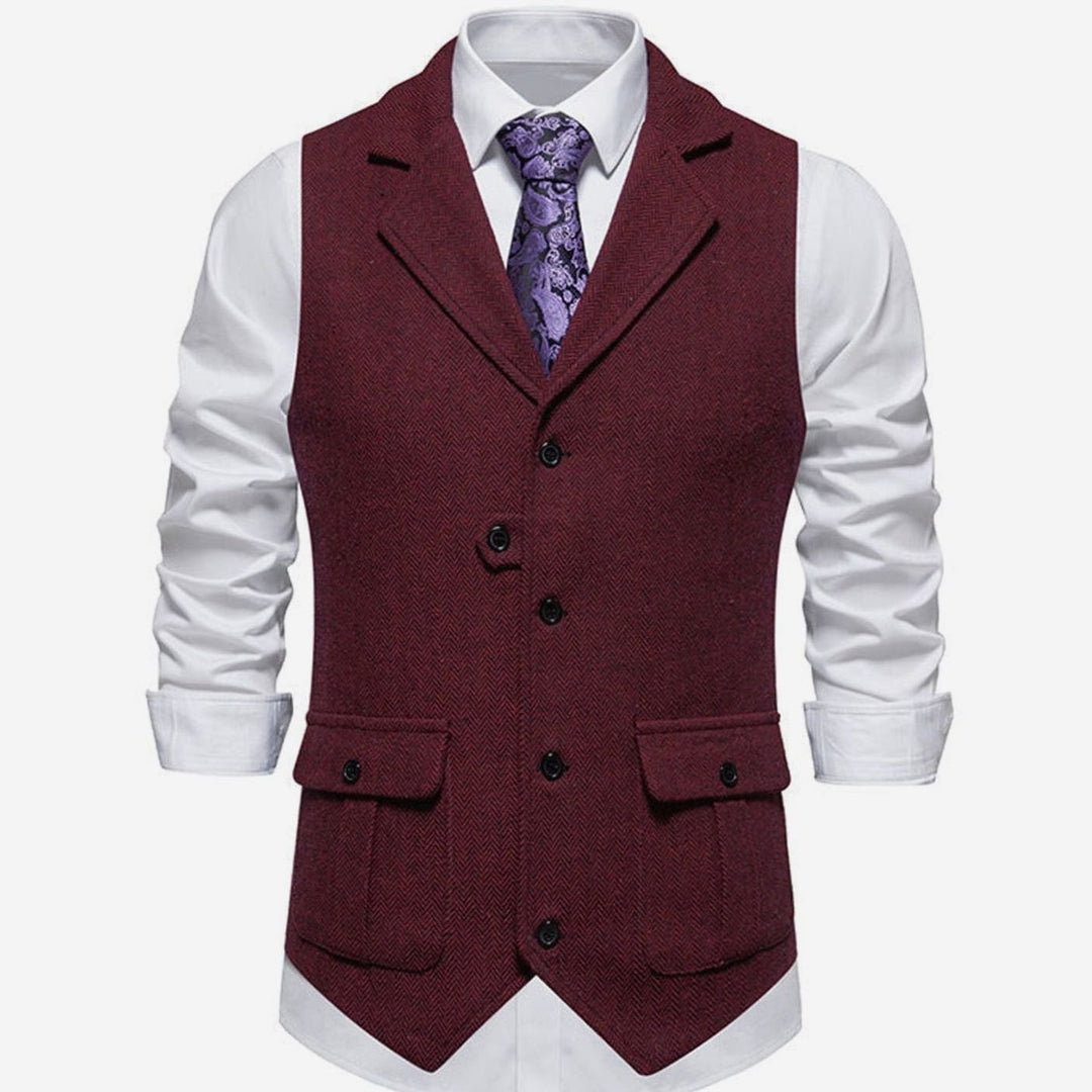Men's Herringbone Tailored Button-Up Smart Casual Outfit Vest - Red