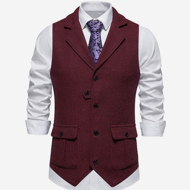 Men's Herringbone Tailored Button-Up Smart Casual Outfit Vest - Red