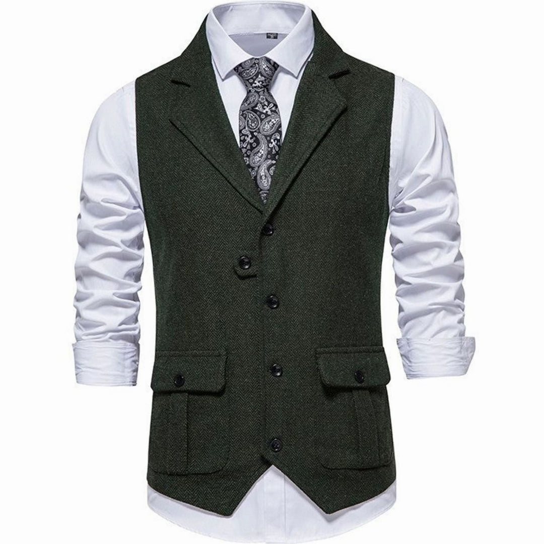 Men's Herringbone Tailored Button-Up Smart Casual Outfit Vest - Green