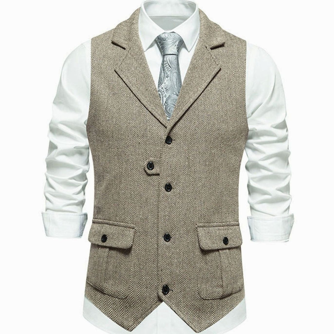 Men's Herringbone Tailored Button-Up Smart Casual Outfit Vest - Beige