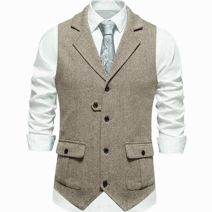 Men's Herringbone Tailored Button-Up Smart Casual Outfit Vest - Beige