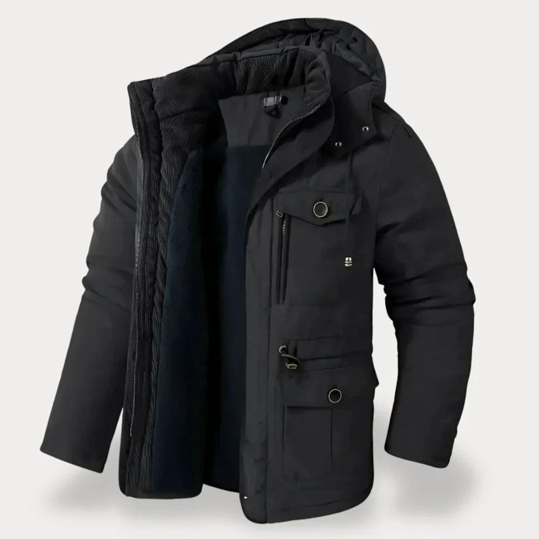Men's Insulated Hooded Multi-Pocket Heavy-Duty Winter Jacket - Black
