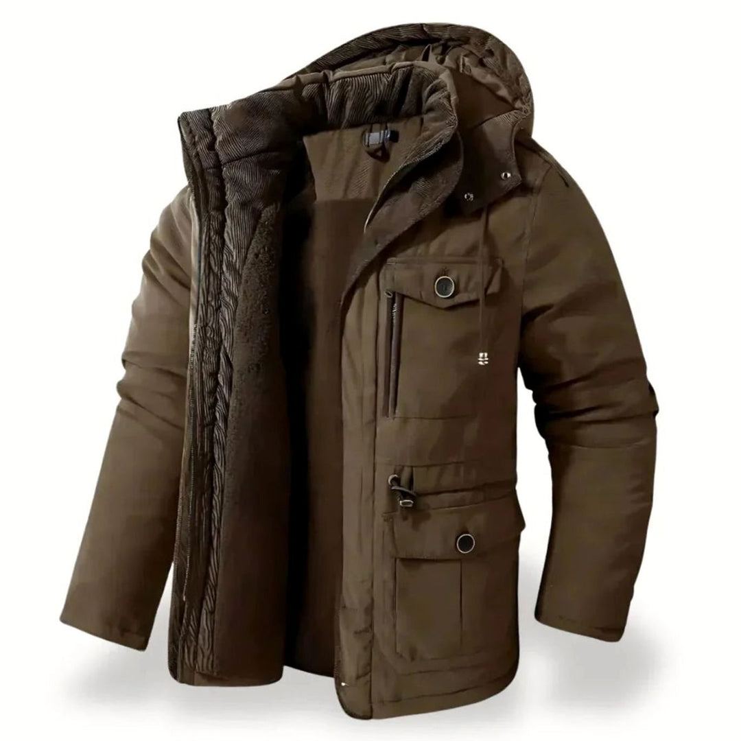 Men's Insulated Hooded Multi-Pocket Heavy-Duty Winter Jacket - Brown