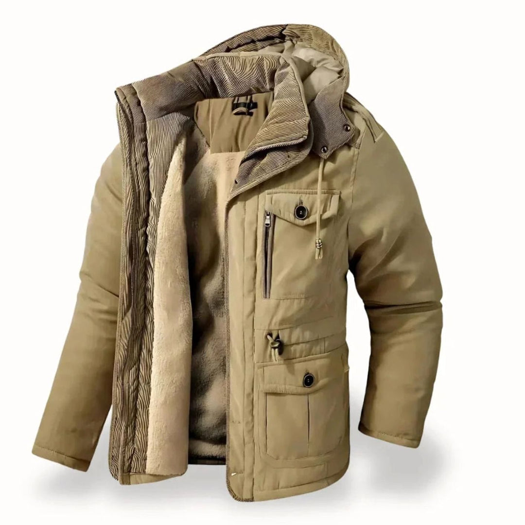 Men's Insulated Hooded Multi-Pocket Heavy-Duty Winter Jacket - Beige
