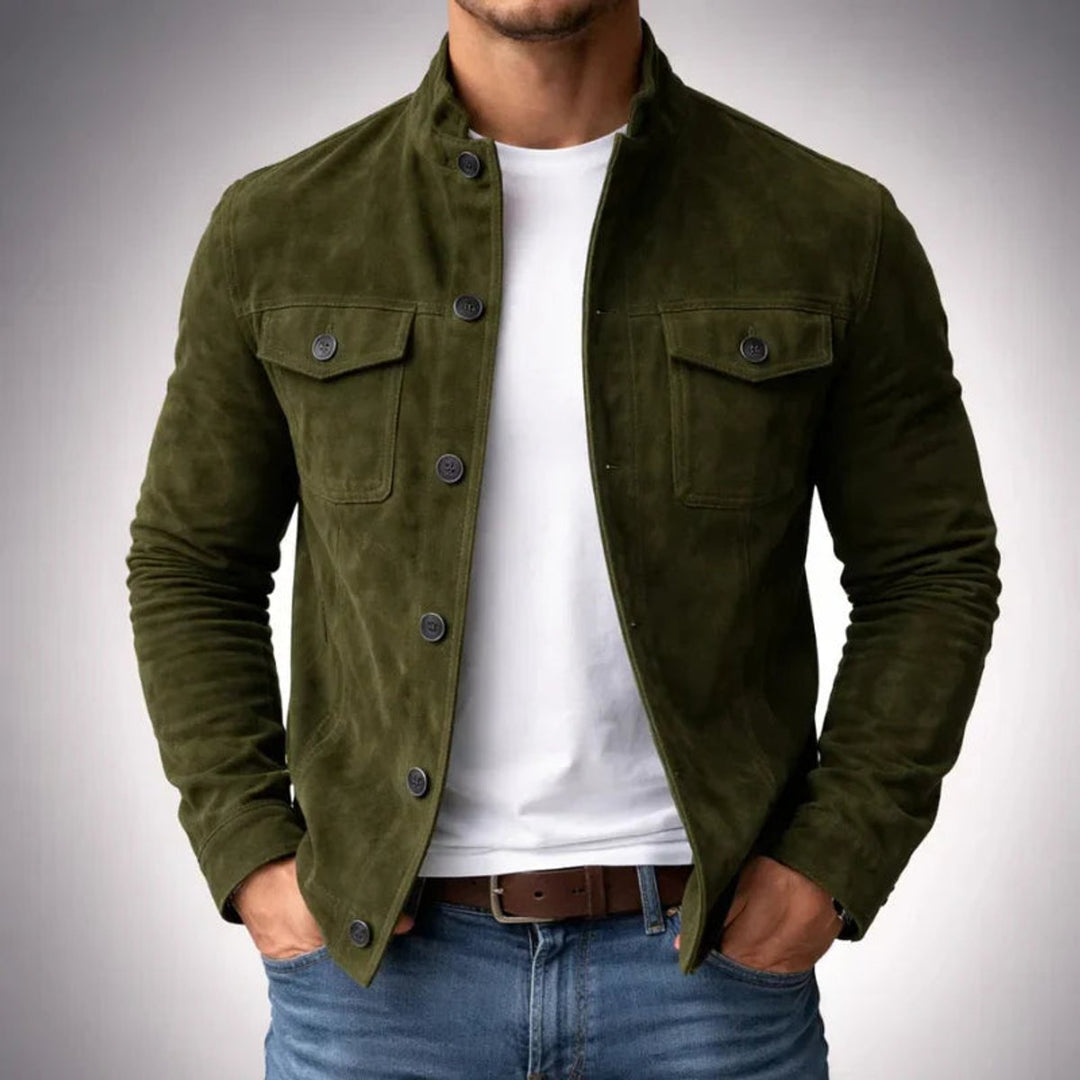 Men's Italian Suede Button-Front Stand-Collar Jacket - Green