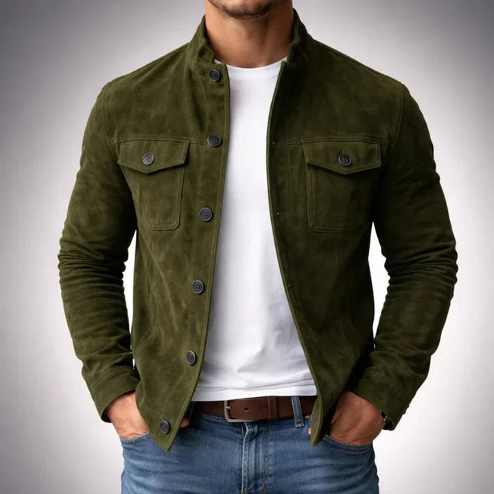 Men's Italian Suede Button-Front Stand-Collar Jacket - Green