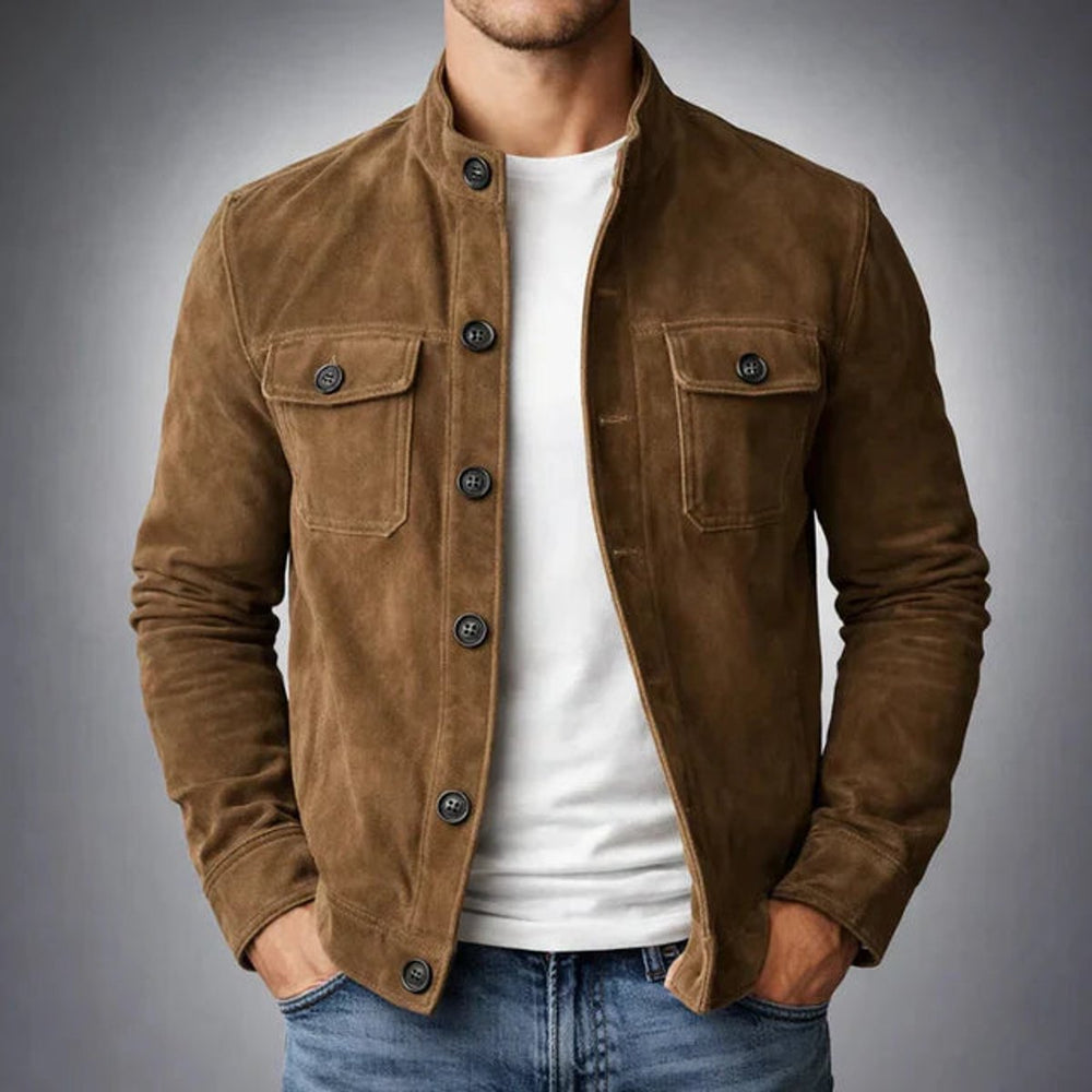 Men's Italian Suede Button-Front Stand-Collar Jacket - Brown