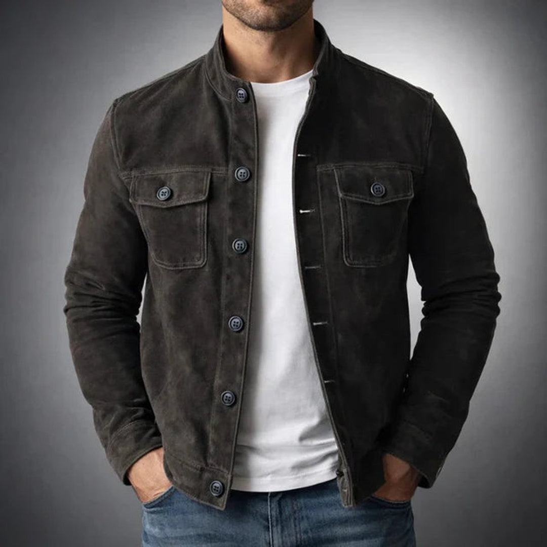 Men's Italian Suede Button-Front Stand-Collar Jacket - Black