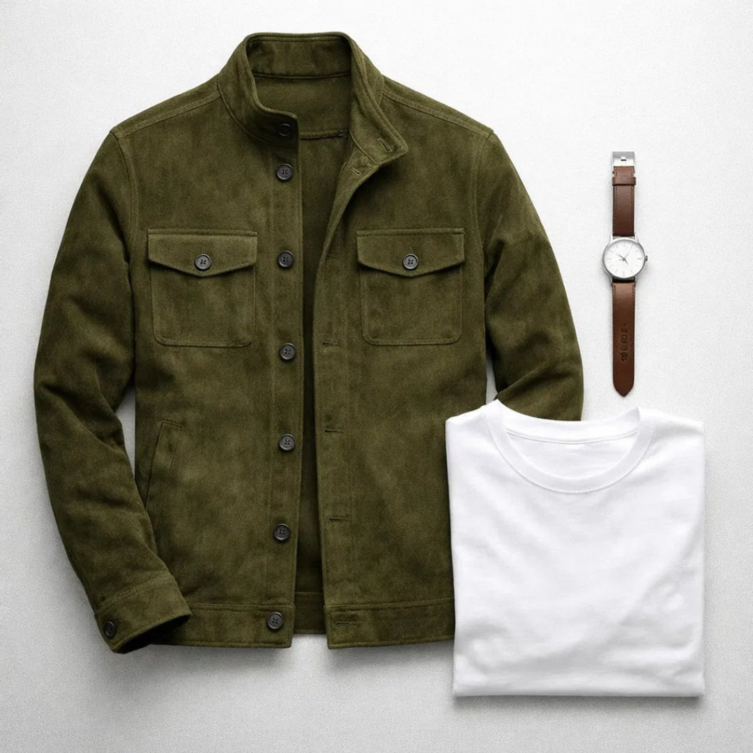 Men's Italian Suede Button-Front Stand-Collar Jacket