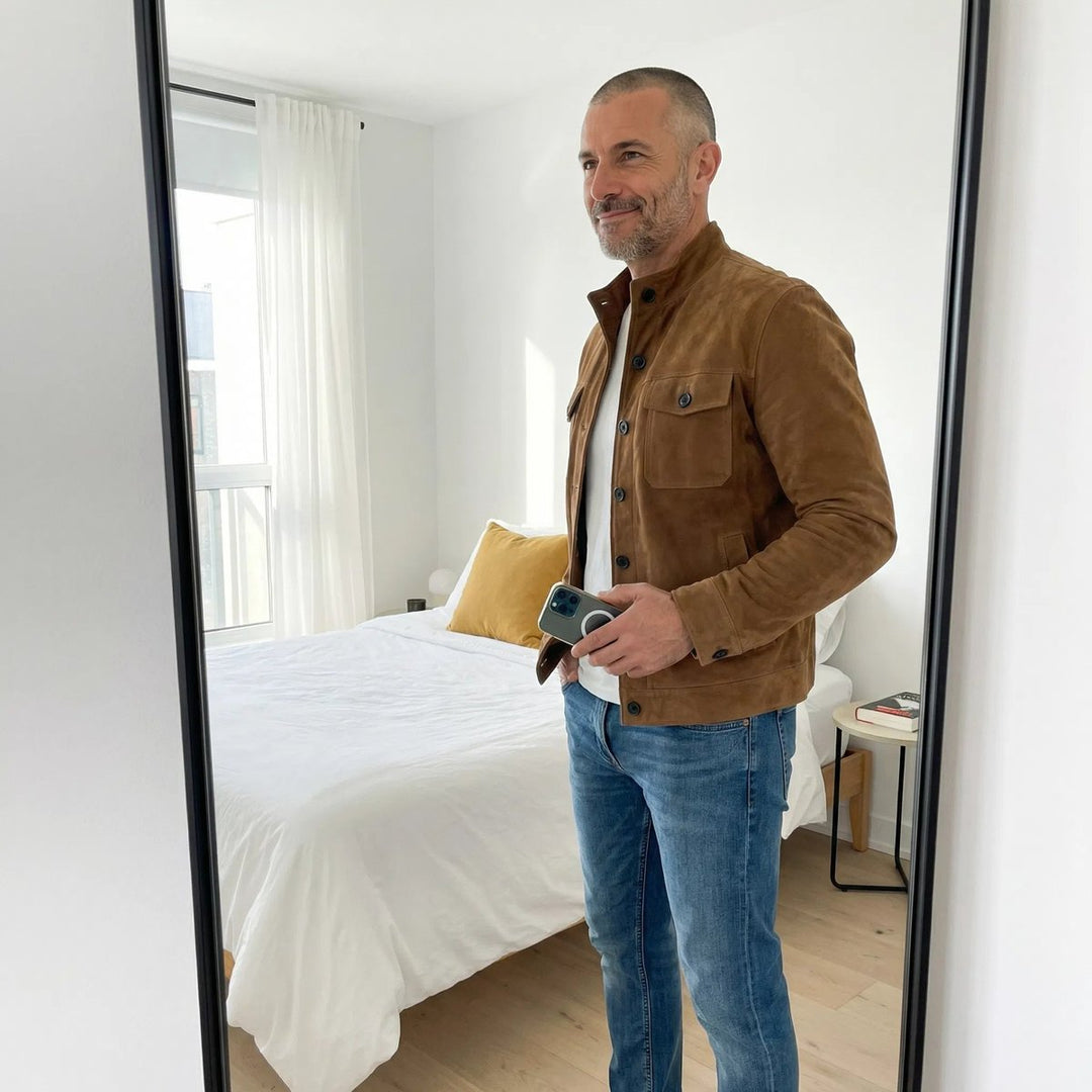 Men's Italian Suede Button-Front Stand-Collar Jacket