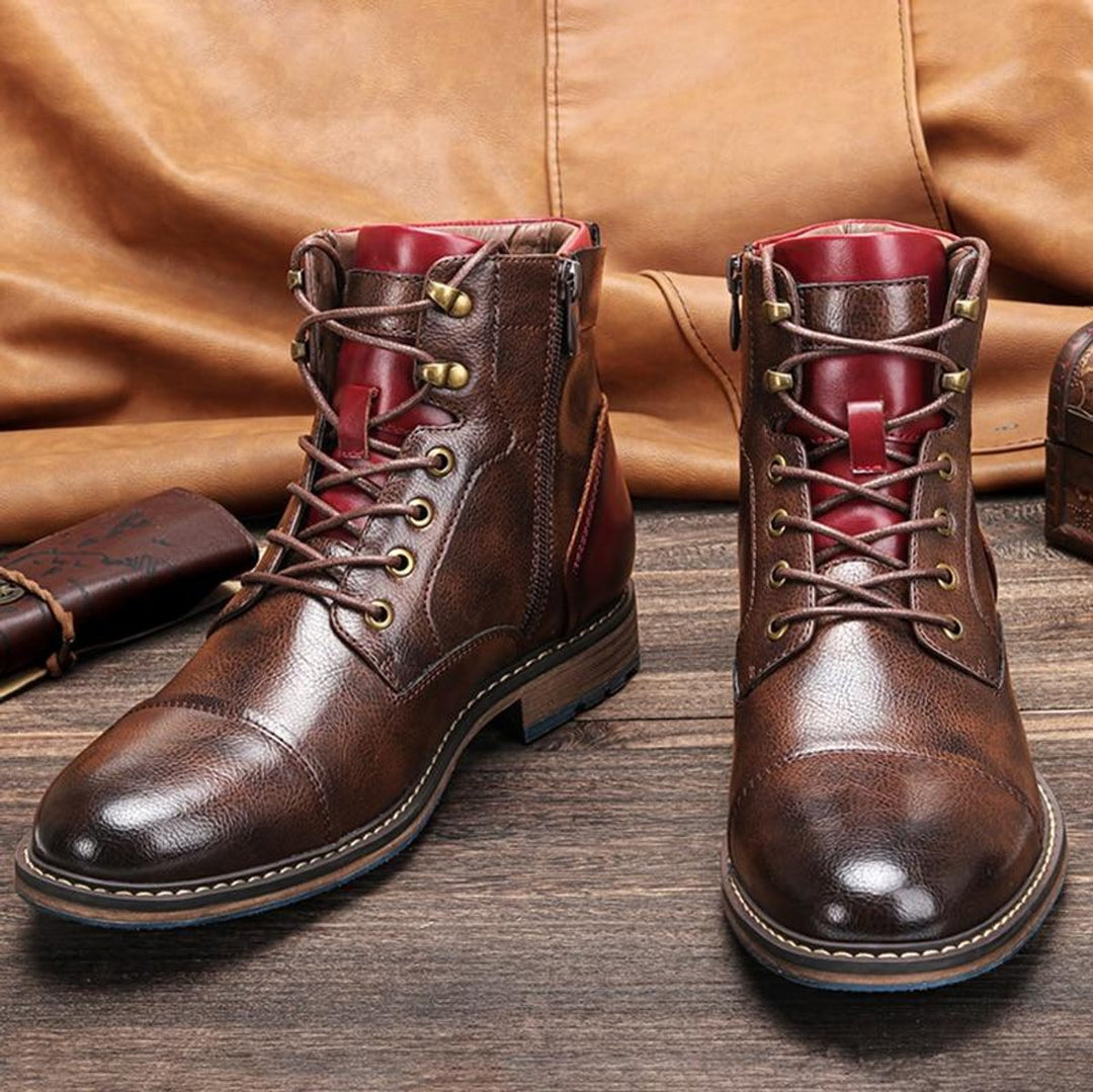 Men's Leather Lace-Up Oxford Ankle Boots Cap-Toe Zipper