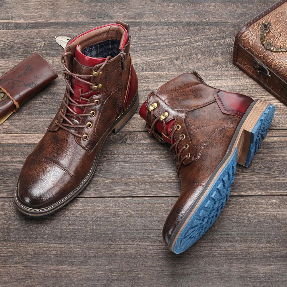 Men's Leather Lace-Up Oxford Ankle Boots Cap-Toe Zipper
