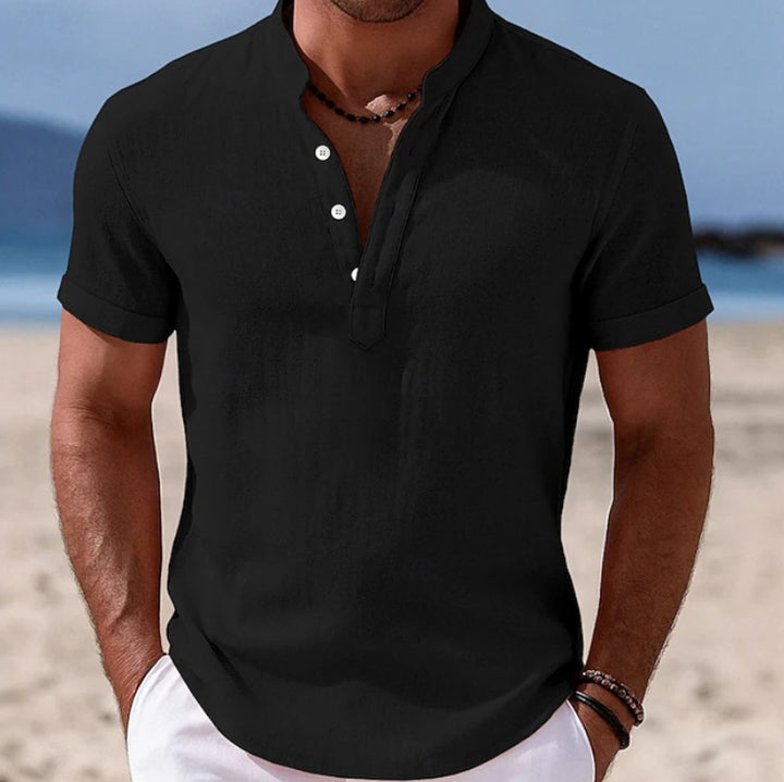 Men's Lightweight Linen-Feel Henley Button-Up Short Sleeve Shirt - Black