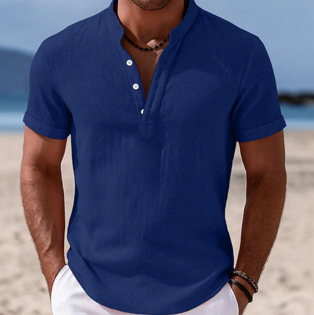 Men's Lightweight Linen-Feel Henley Button-Up Short Sleeve Shirt - Blue