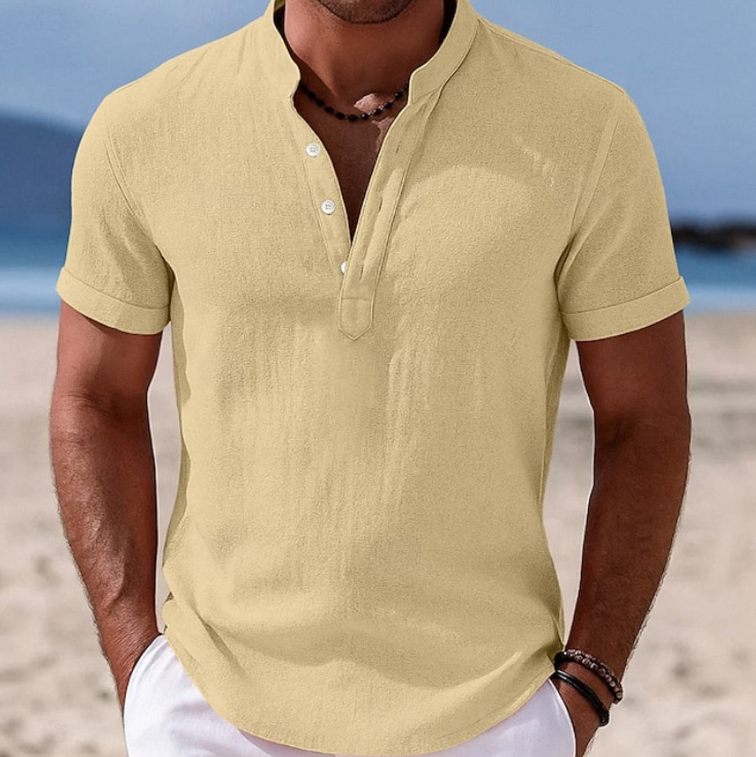 Men's Lightweight Linen-Feel Henley Button-Up Short Sleeve Shirt - Yellow