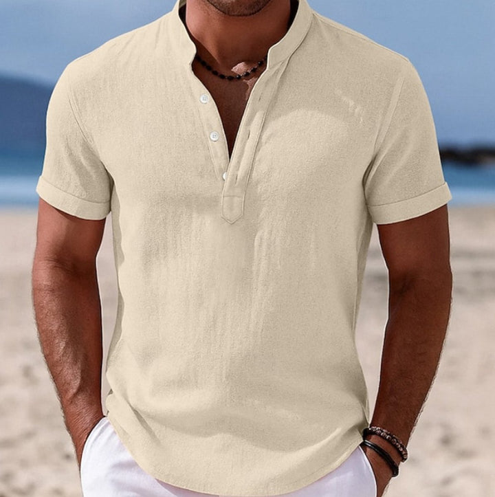 Men's Lightweight Linen-Feel Henley Button-Up Short Sleeve Shirt - Beige