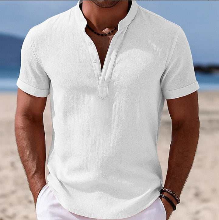 Men's Lightweight Linen-Feel Henley Button-Up Short Sleeve Shirt - White