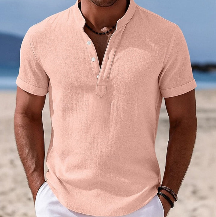 Men's Lightweight Linen-Feel Henley Button-Up Short Sleeve Shirt - Pink
