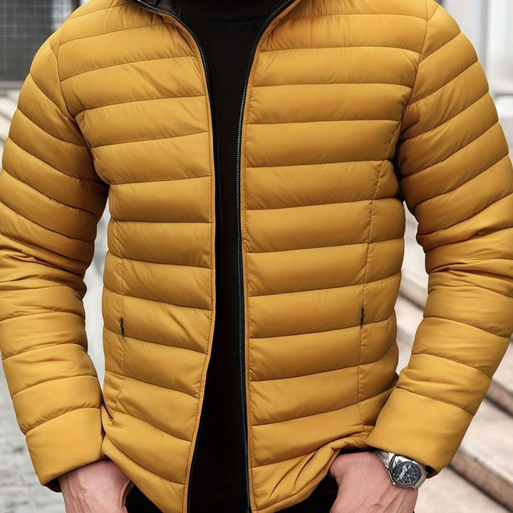 Men's Lightweight Quilted Puffer Jacket Stand Collar Zipper - Yellow