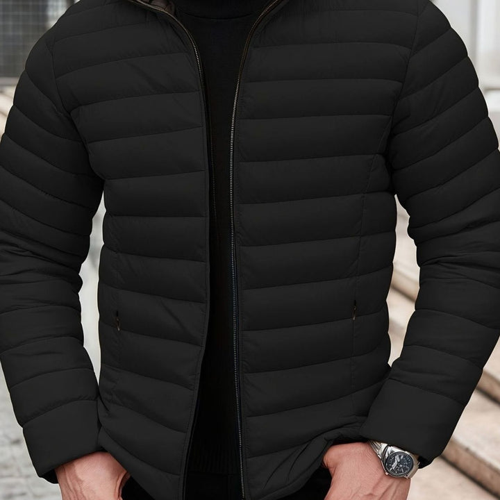 Men's Lightweight Quilted Puffer Jacket Stand Collar Zipper - Black