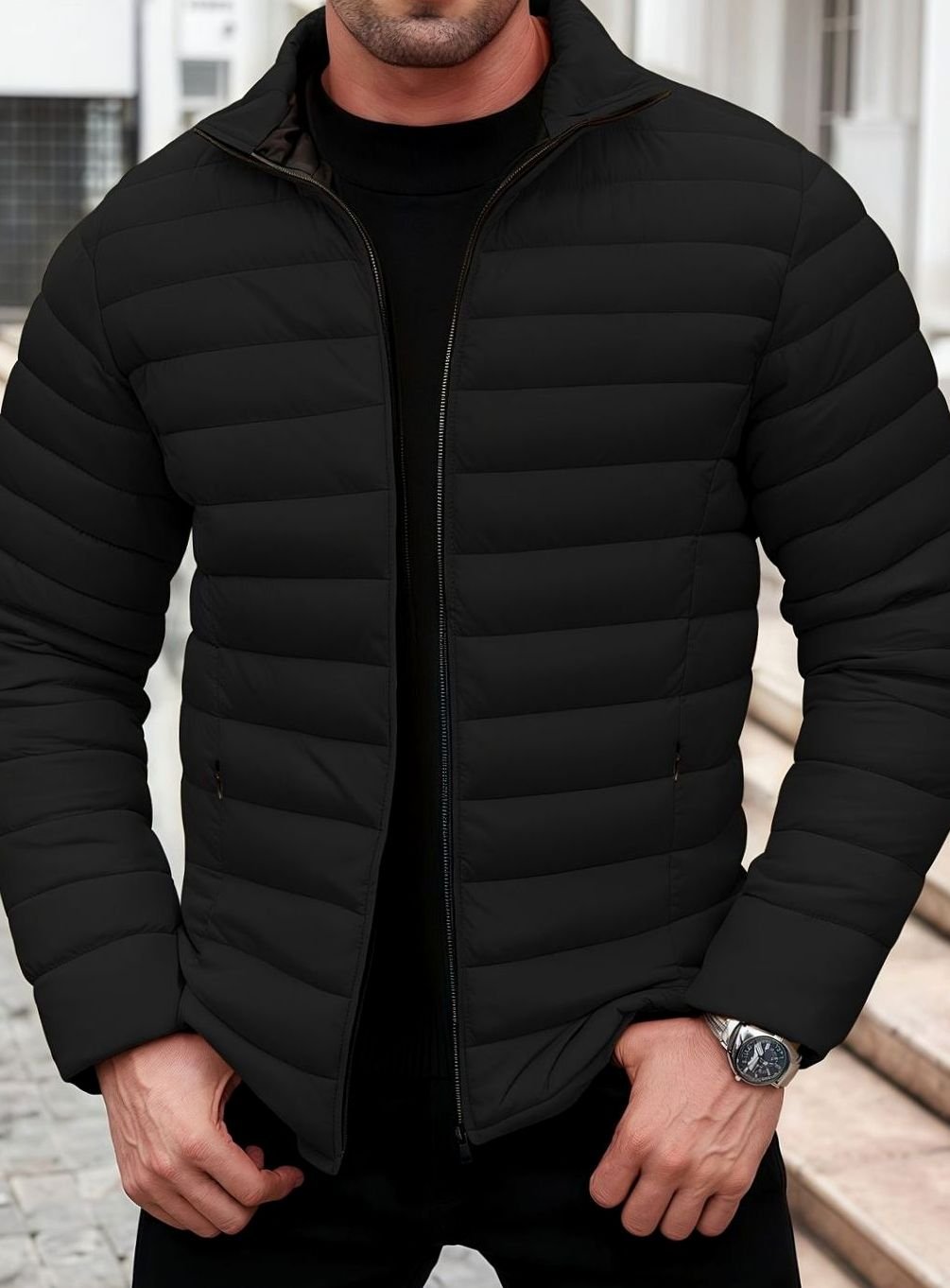 Men's Lightweight Quilted Puffer Jacket Stand Collar Zipper