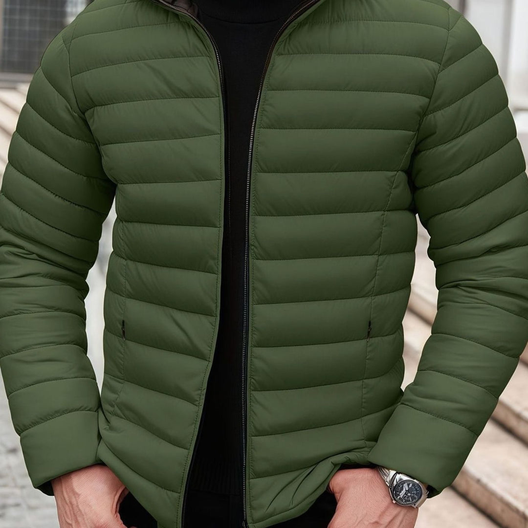Men's Lightweight Quilted Puffer Jacket Stand Collar Zipper - Green