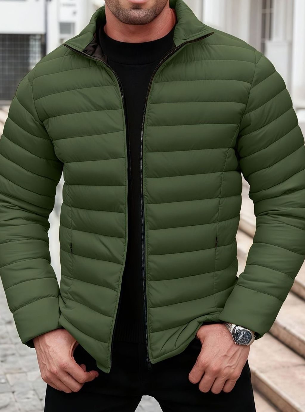 Men's Lightweight Quilted Puffer Jacket Stand Collar Zipper