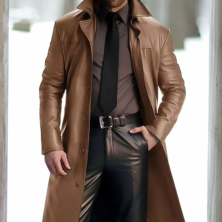 Men's Long Button-Down Faux Leather Trench Coat - Khaki