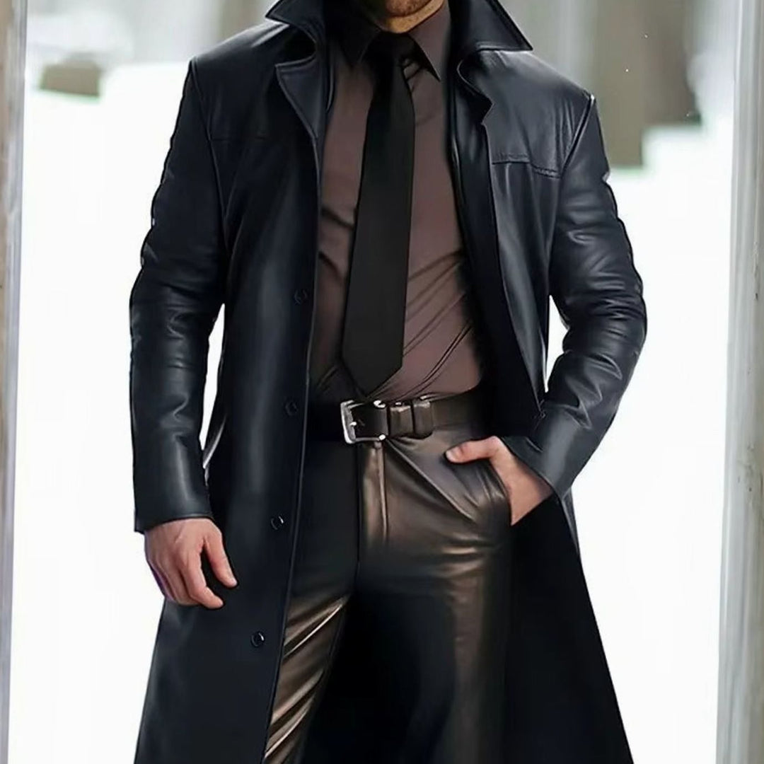 Men's Long Button-Down Faux Leather Trench Coat - Black