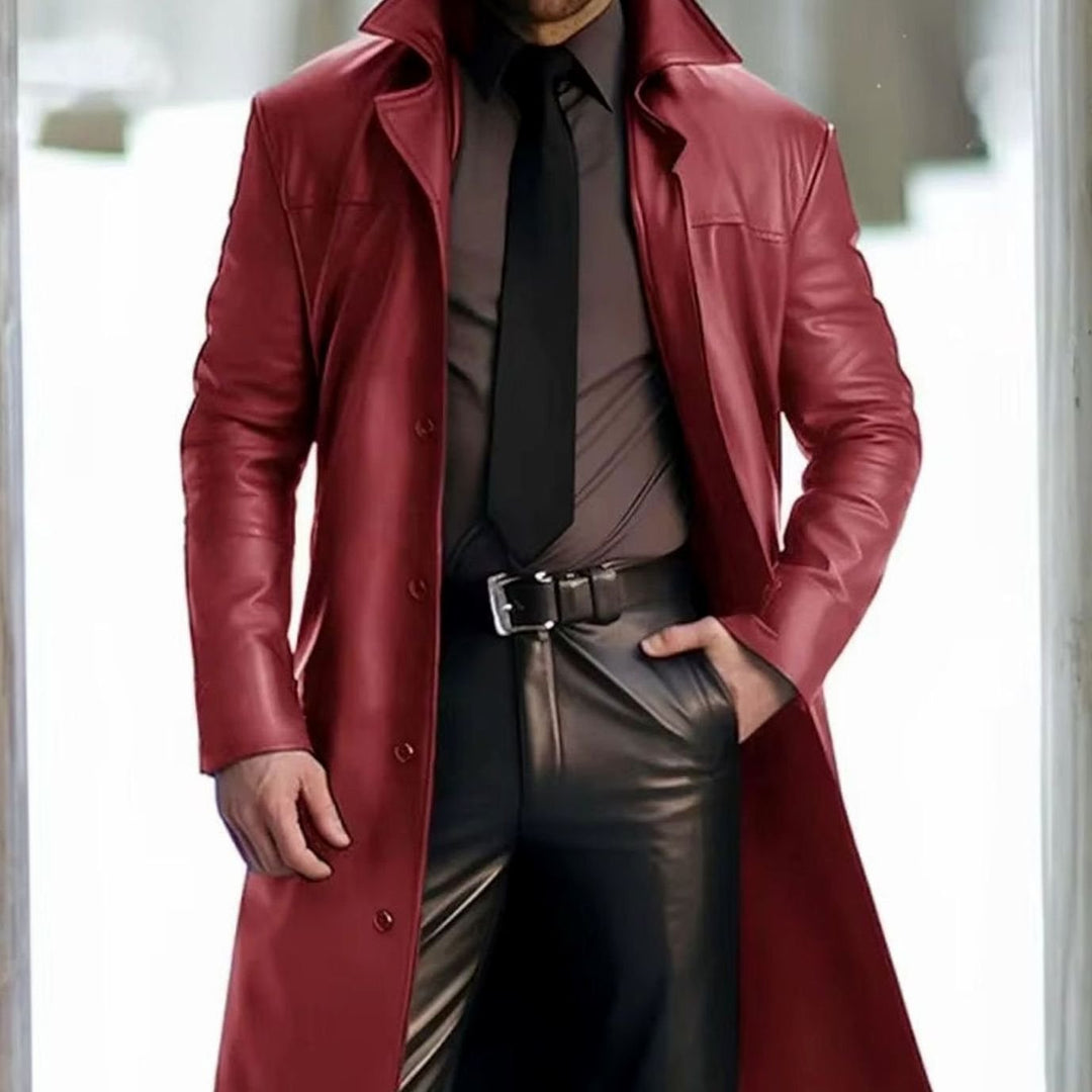 Men's Long Button-Down Faux Leather Trench Coat - Red