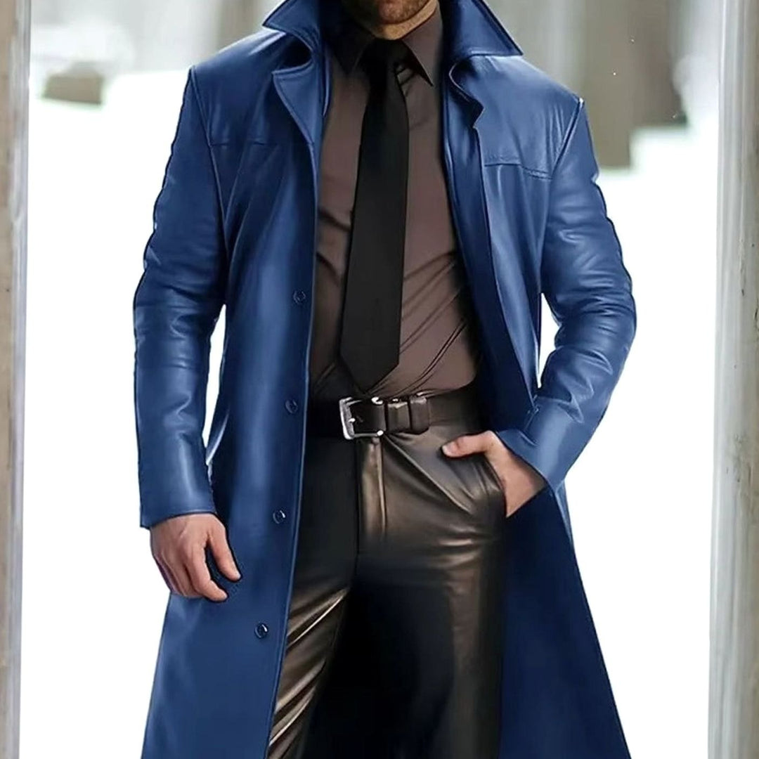 Men's Long Button-Down Faux Leather Trench Coat - Blue
