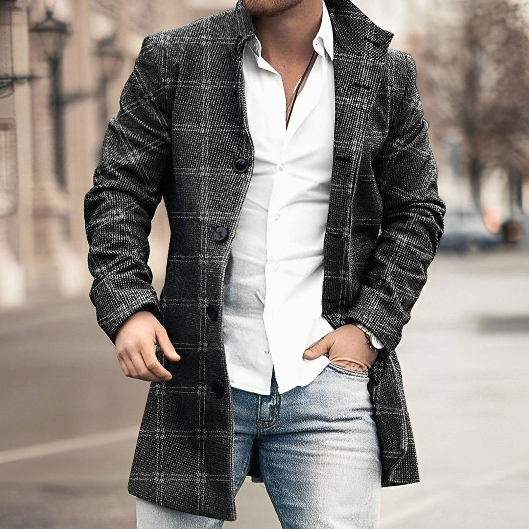 Men's Long Button Up Coat Tailored Single-Breasted Overcoat - Black