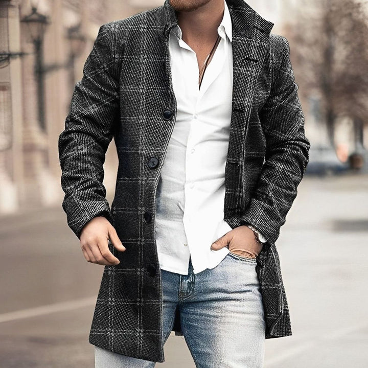 Men's Long Button Up Coat Tailored Single-Breasted Overcoat - Black