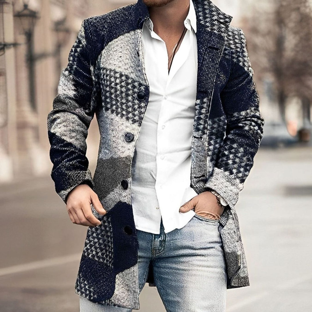 Men's Long Button Up Coat Tailored Single-Breasted Overcoat - Dark Blue
