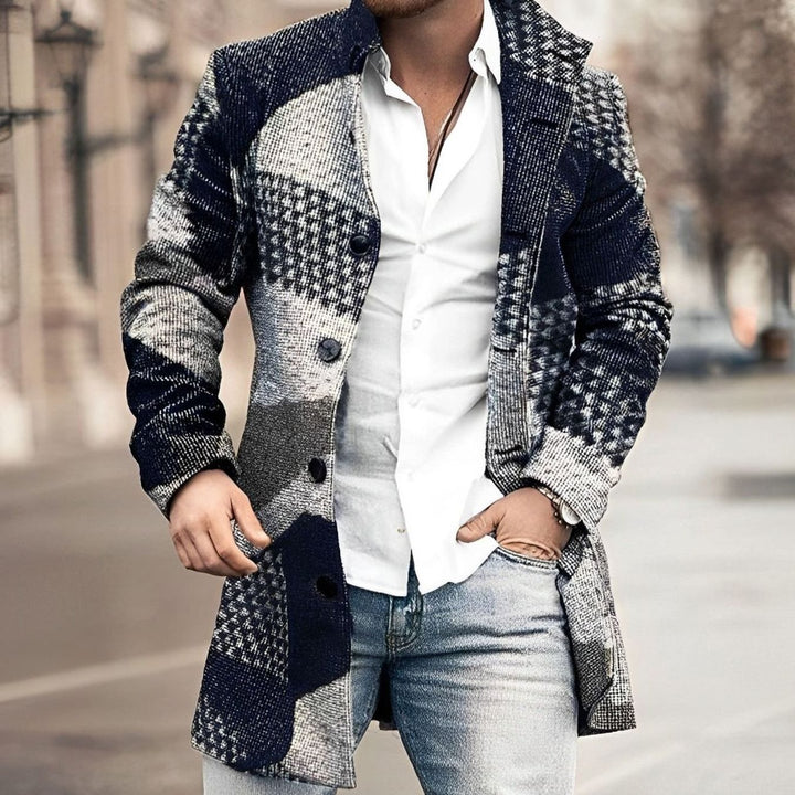 Men's Long Button Up Coat Tailored Single-Breasted Overcoat - Dark Blue