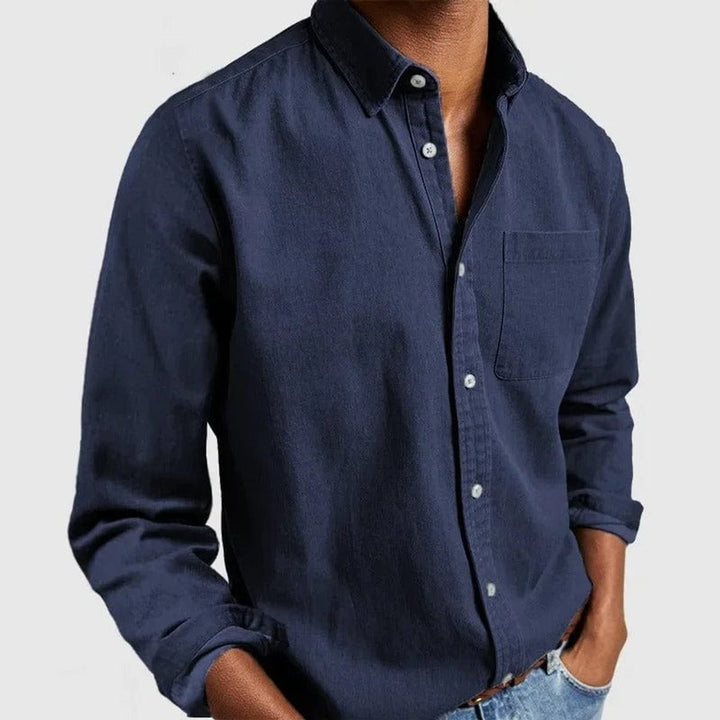 Men's Long-Sleeve Button-Down Casual Denim Shirt - Navy Blue