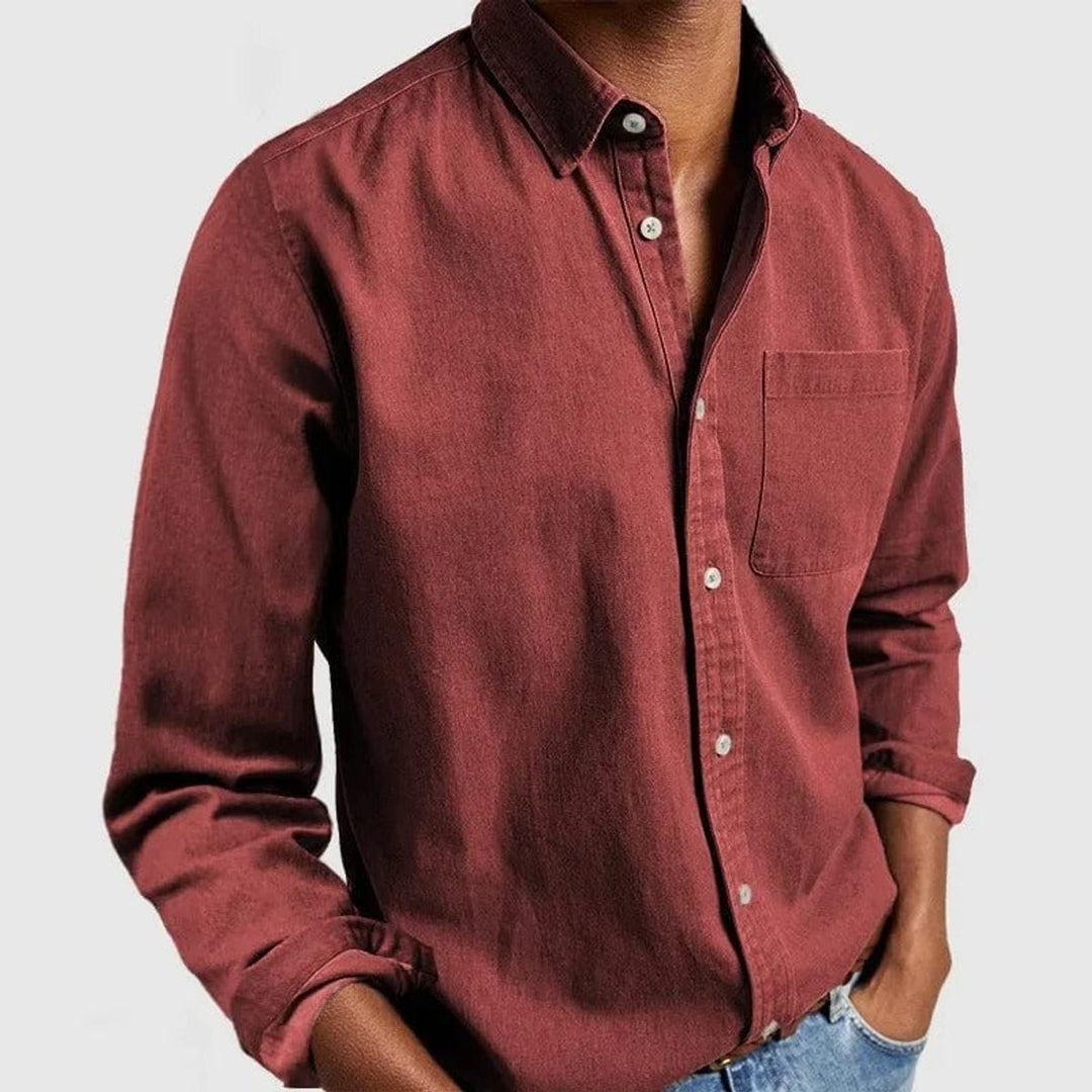 Men's Long-Sleeve Button-Down Casual Denim Shirt - Red