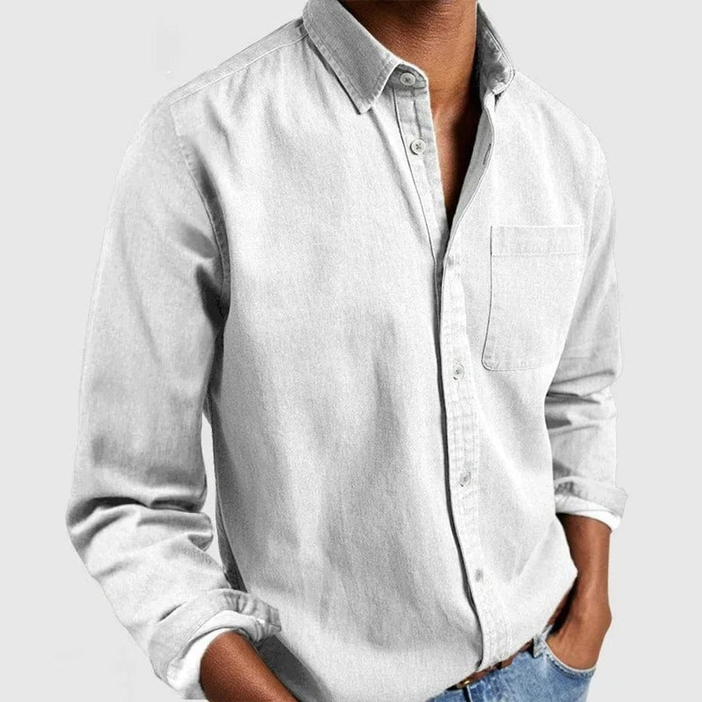 Men's Long-Sleeve Button-Down Casual Denim Shirt - White