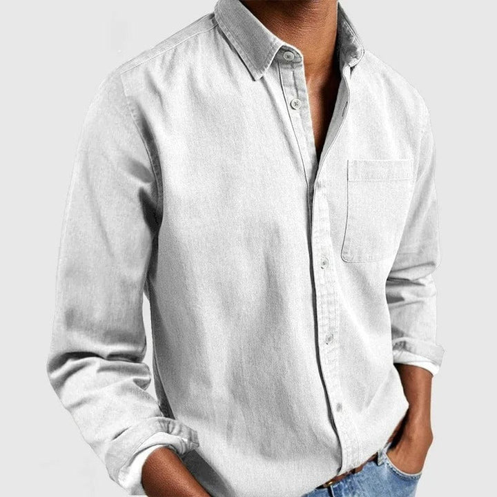 Men's Long-Sleeve Button-Down Casual Denim Shirt - White