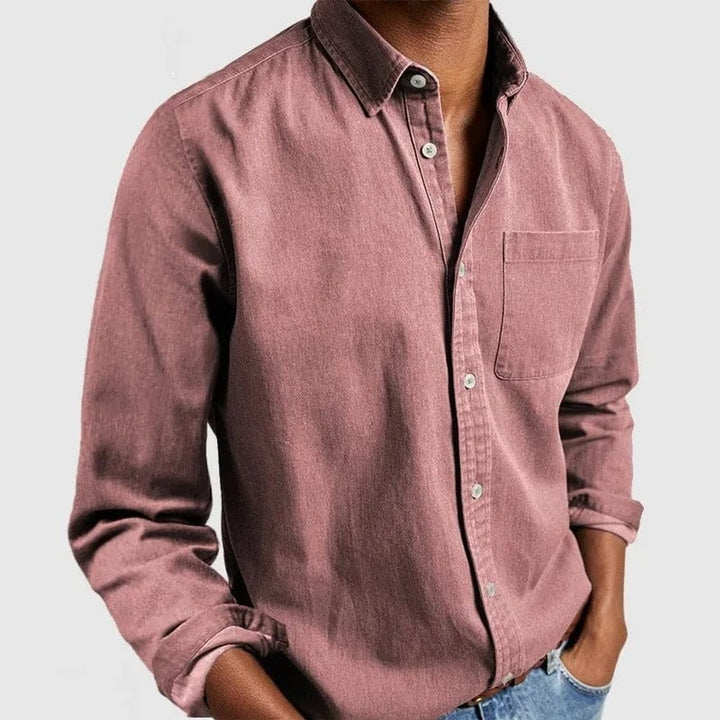 Men's Long-Sleeve Button-Down Casual Denim Shirt - Pink