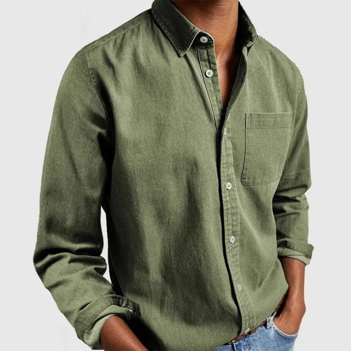 Men's Long-Sleeve Button-Down Casual Denim Shirt - Green