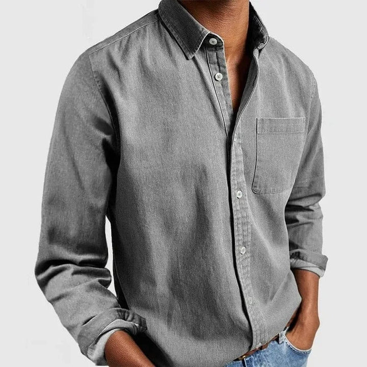 Men's Long-Sleeve Button-Down Casual Denim Shirt - Gray