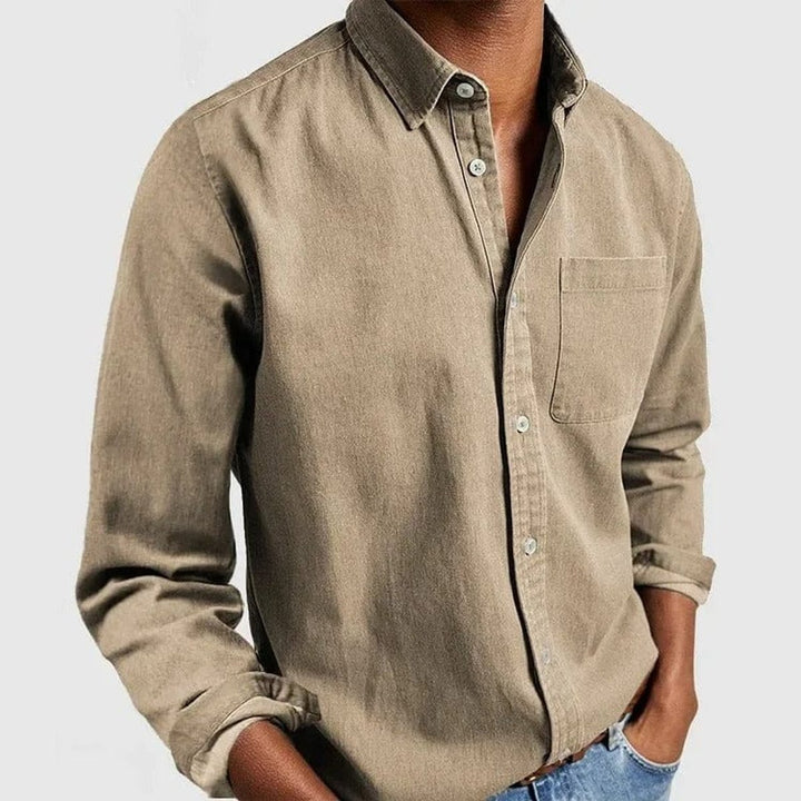 Men's Long-Sleeve Button-Down Casual Denim Shirt - Khaki